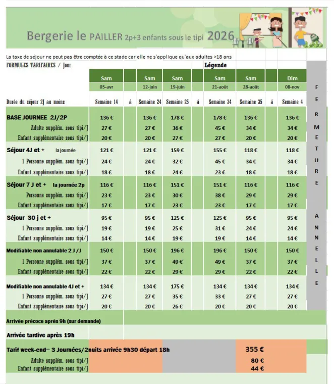 Tarifs 2026 Bergerie